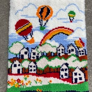 Hand knot latch hook rug mat wall hanging. Shillcraft. Made in Baltimore.